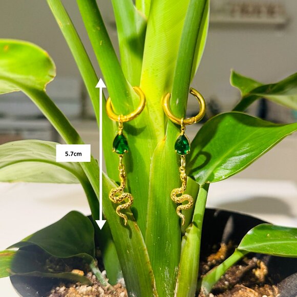 Gold Snake Cottagecore Green Tear Drop Earrings Huggie Hoop Serpent Fairycore - Picture 6 of 6